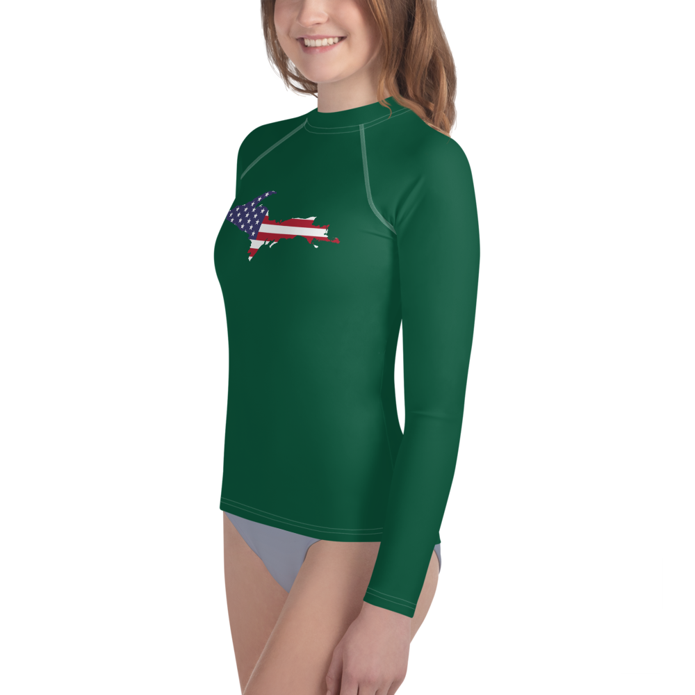 Michigan Upper Peninsula Rash Guard (w/ UP USA Flag) | Youth - Superior Green