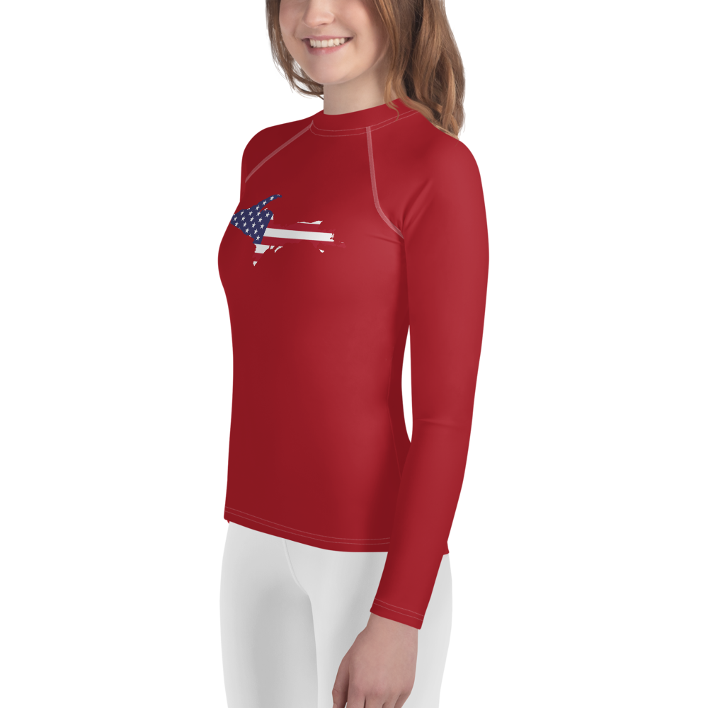 Michigan Upper Peninsula Rash Guard (w/ UP USA Flag) | Youth - Thimbleberry Red