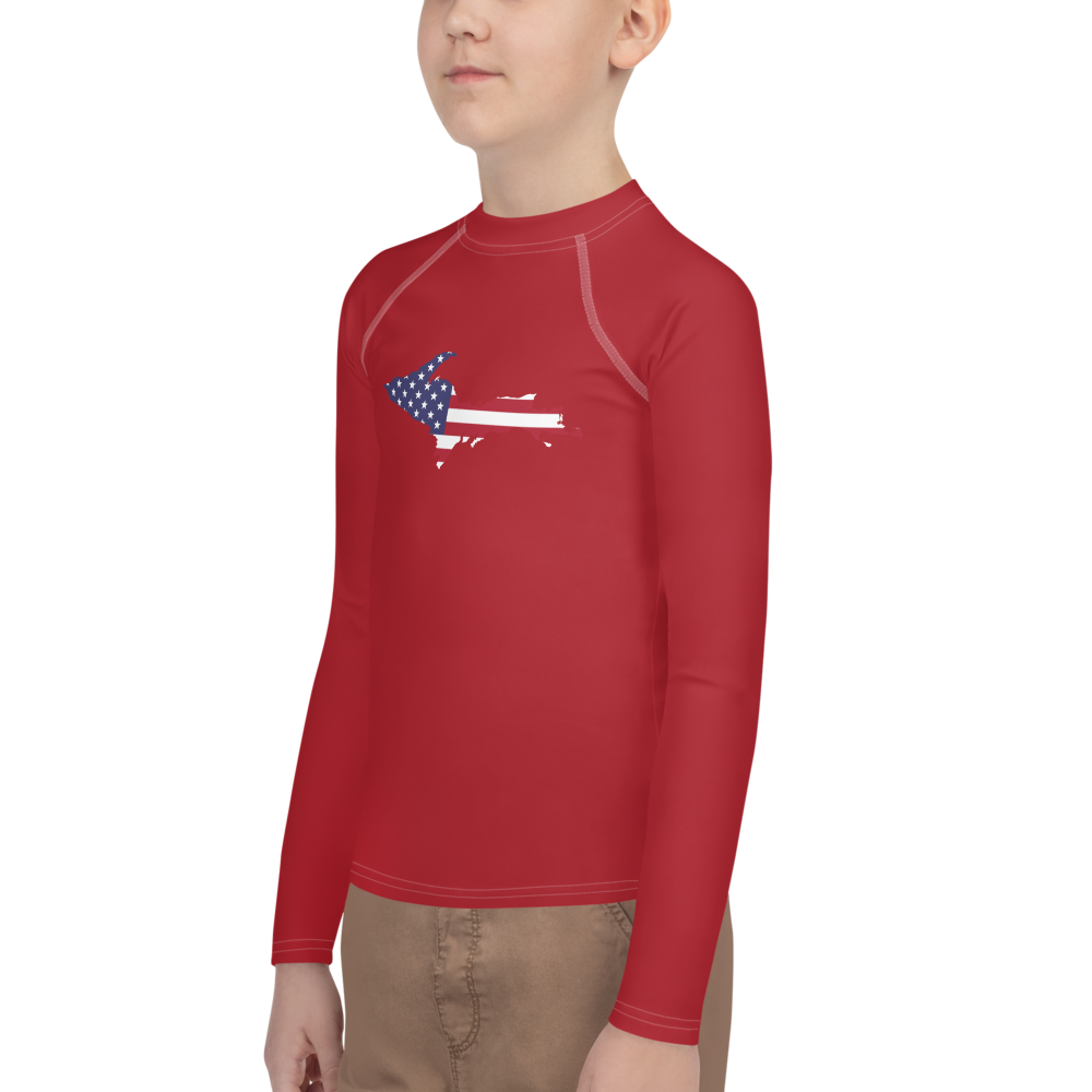 Michigan Upper Peninsula Rash Guard (w/ UP USA Flag) | Youth - Thimbleberry Red