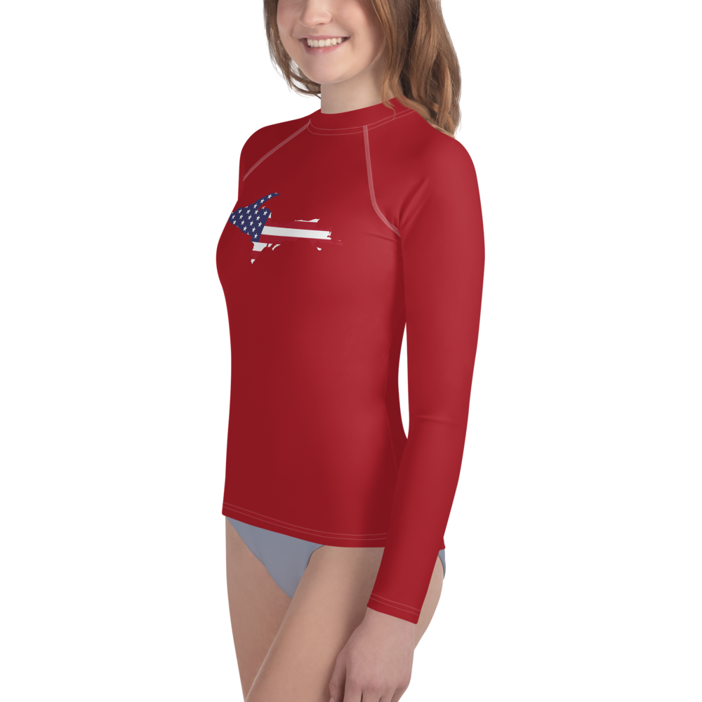 Michigan Upper Peninsula Rash Guard (w/ UP USA Flag) | Youth - Thimbleberry Red