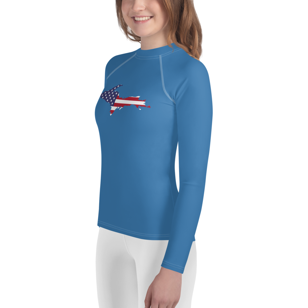 Michigan Upper Peninsula Rash Guard (w/ UP USA Flag) | Youth - Lake Superior Blue