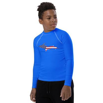 Michigan Upper Peninsula Rash Guard (w/ UP USA Flag) | Youth - Motor Town Blue