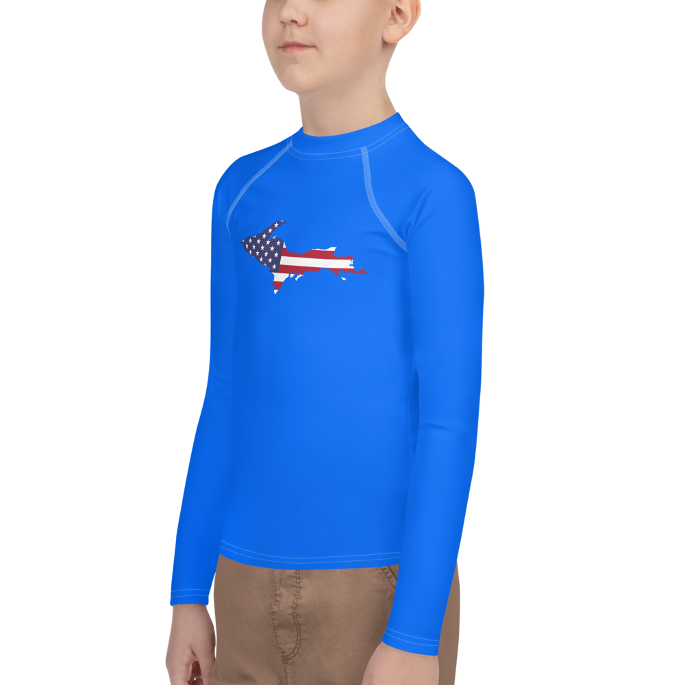 Michigan Upper Peninsula Rash Guard (w/ UP USA Flag) | Youth - Motor Town Blue