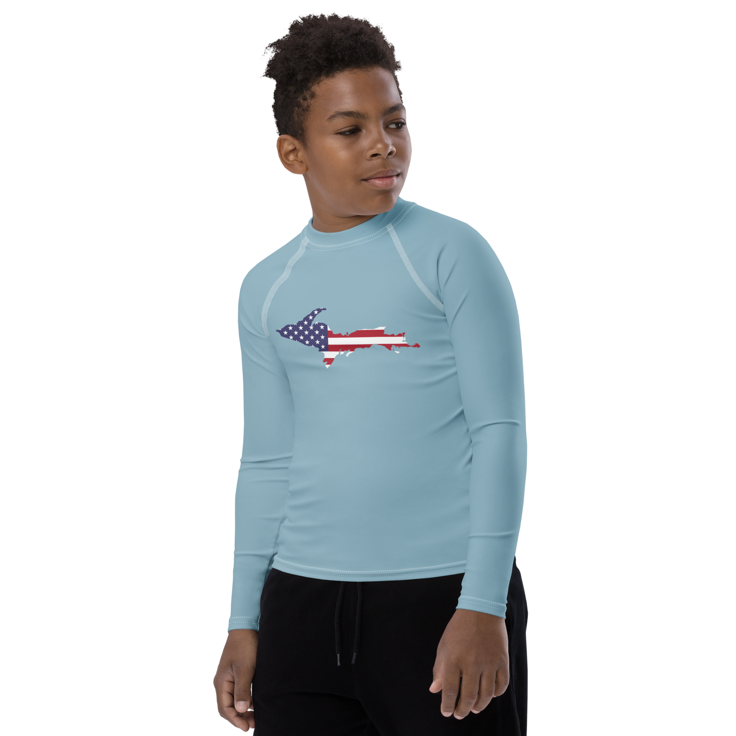 Michigan Upper Peninsula Rash Guard (w/ UP USA Flag) | Youth - Opal Blue