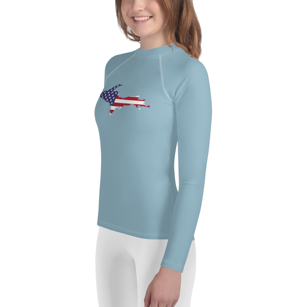 Michigan Upper Peninsula Rash Guard (w/ UP USA Flag) | Youth - Opal Blue