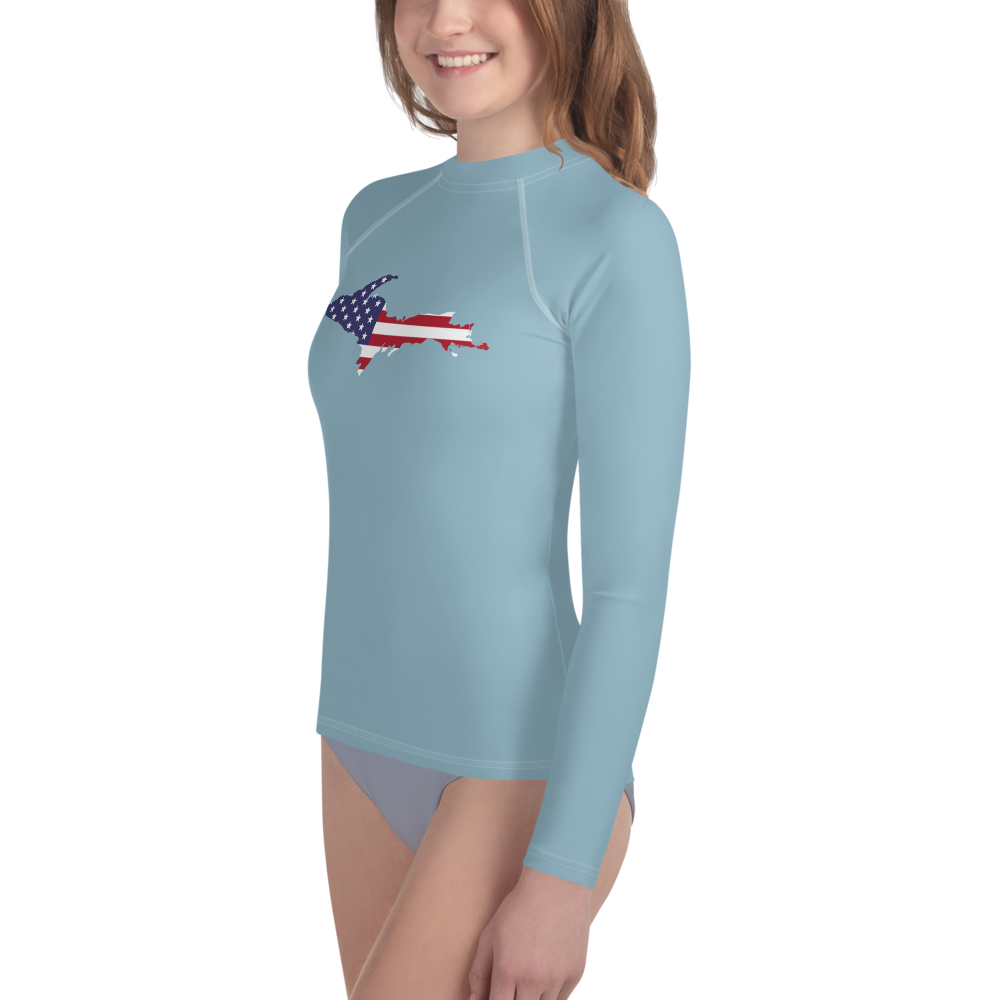 Michigan Upper Peninsula Rash Guard (w/ UP USA Flag) | Youth - Opal Blue