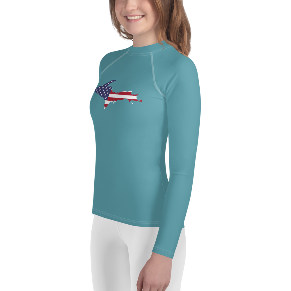 Michigan Upper Peninsula Rash Guard (w/ UP USA Flag) | Youth - Lake Huron Blue