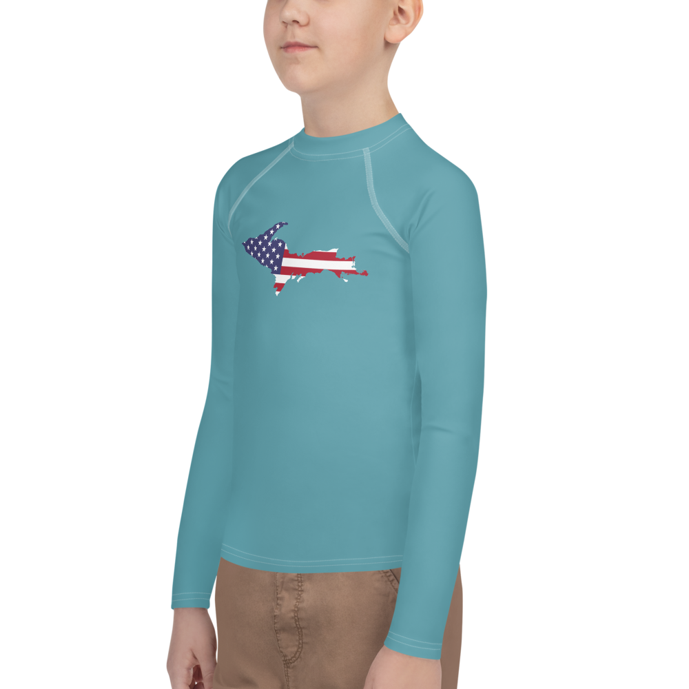 Michigan Upper Peninsula Rash Guard (w/ UP USA Flag) | Youth - Lake Huron Blue