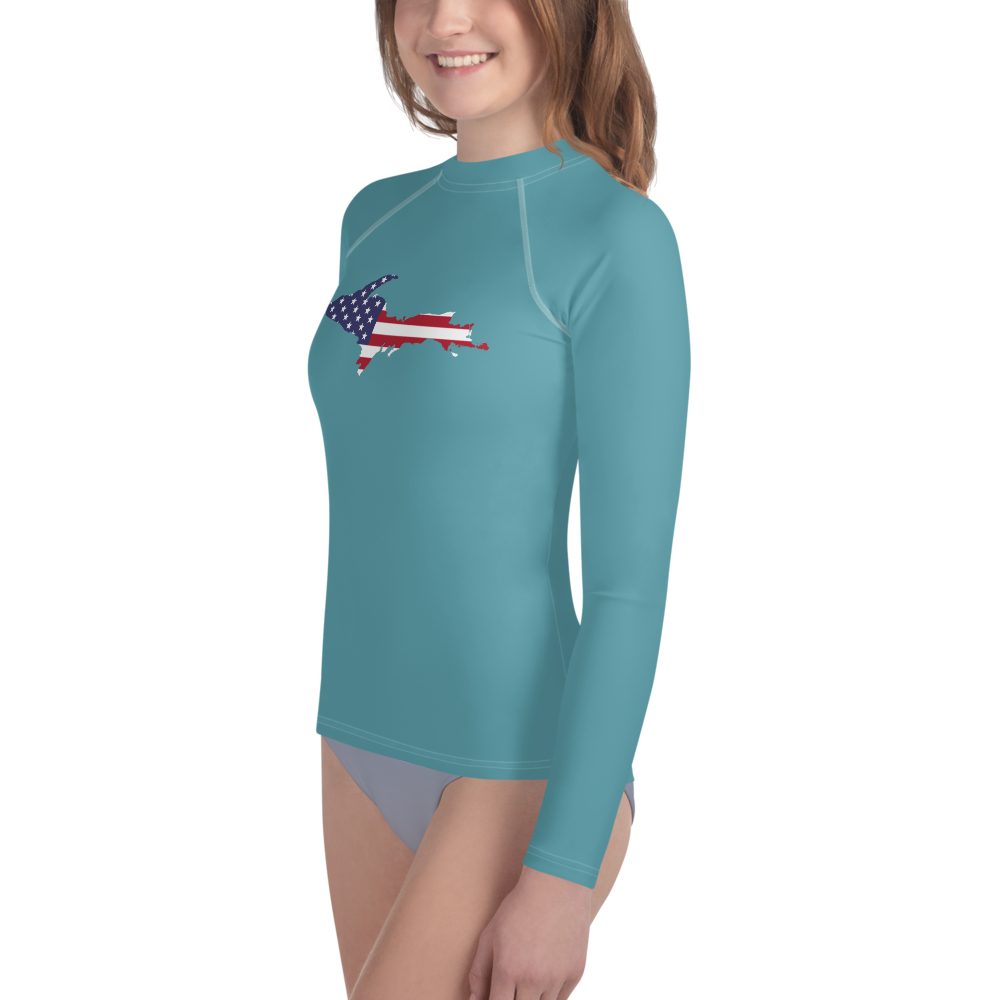 Michigan Upper Peninsula Rash Guard (w/ UP USA Flag) | Youth - Lake Huron Blue