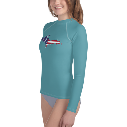 Michigan Upper Peninsula Rash Guard (w/ UP USA Flag) | Youth - Lake Huron Blue