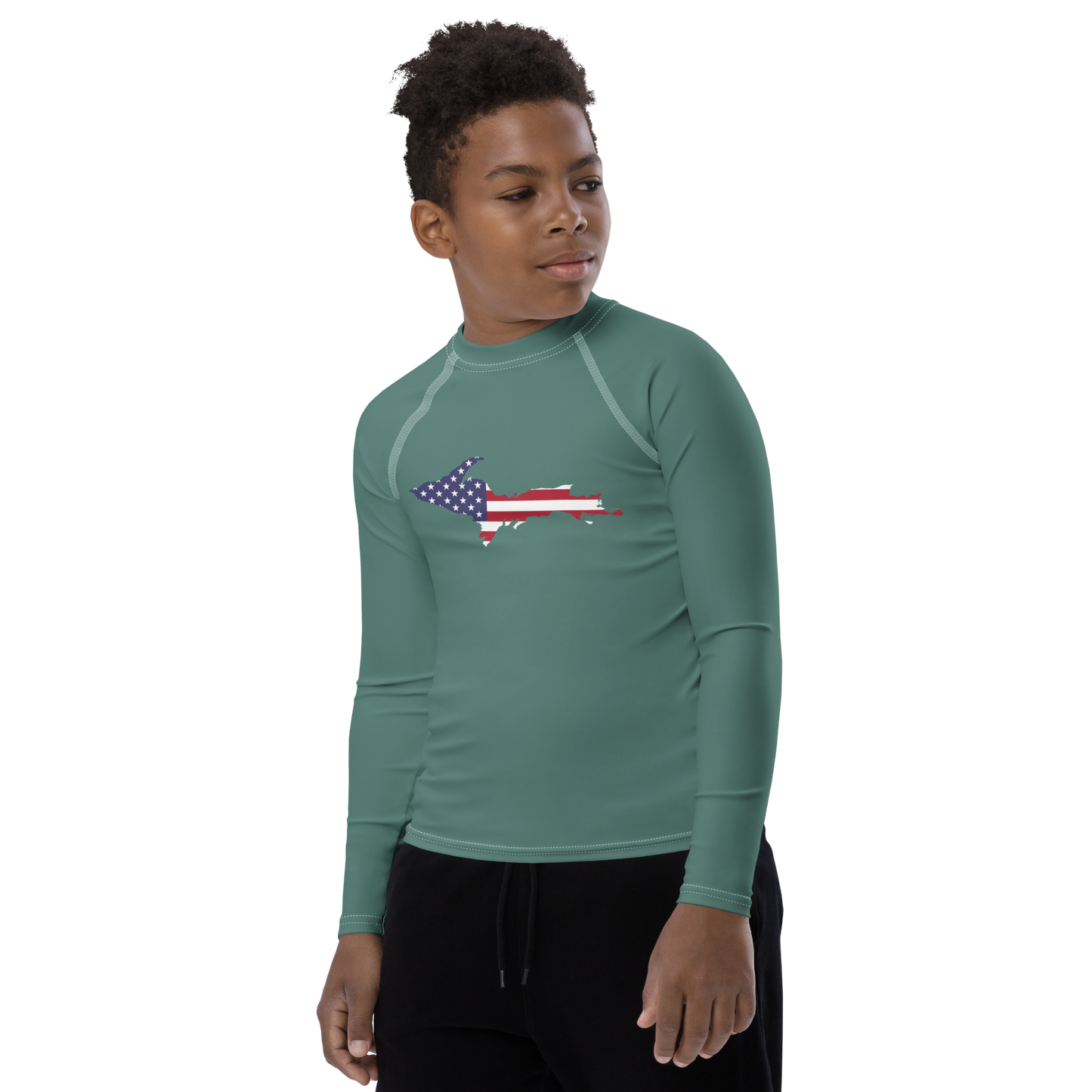 Michigan Upper Peninsula Rash Guard (w/ UP USA Flag) | Youth - Copper Green