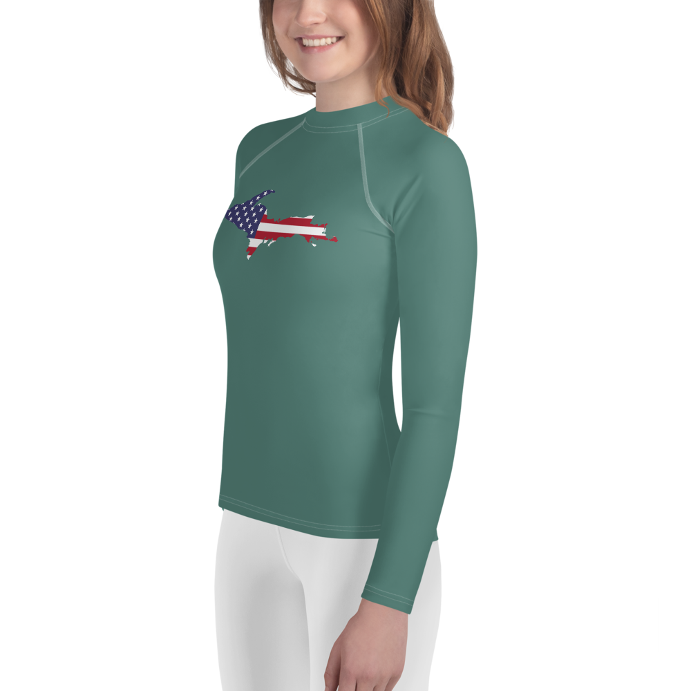 Michigan Upper Peninsula Rash Guard (w/ UP USA Flag) | Youth - Copper Green