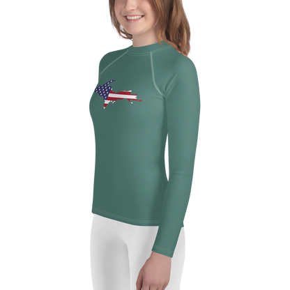 Michigan Upper Peninsula Rash Guard (w/ UP USA Flag) | Youth - Copper Green