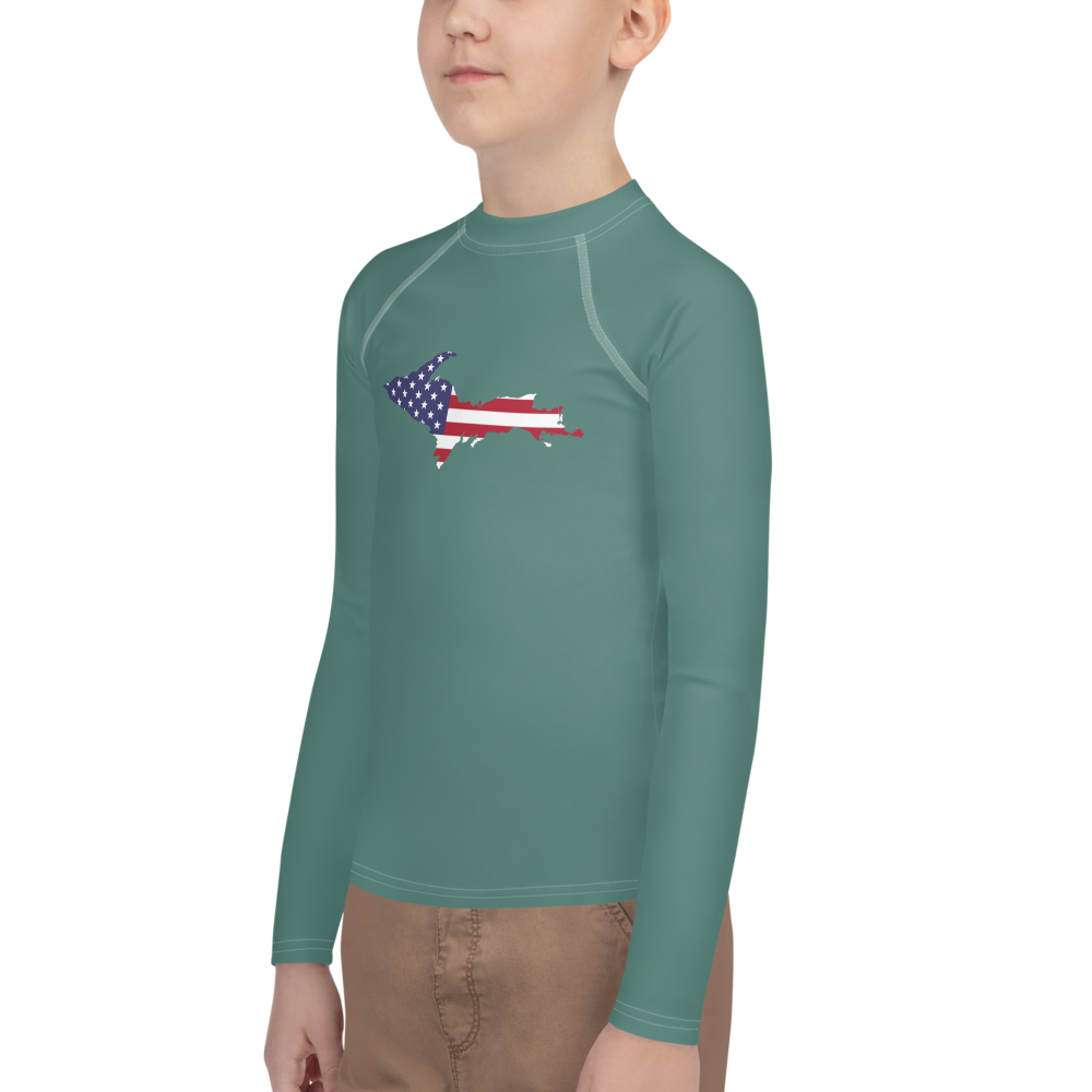 Michigan Upper Peninsula Rash Guard (w/ UP USA Flag) | Youth - Copper Green