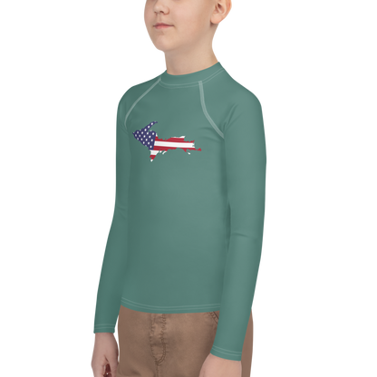 Michigan Upper Peninsula Rash Guard (w/ UP USA Flag) | Youth - Copper Green