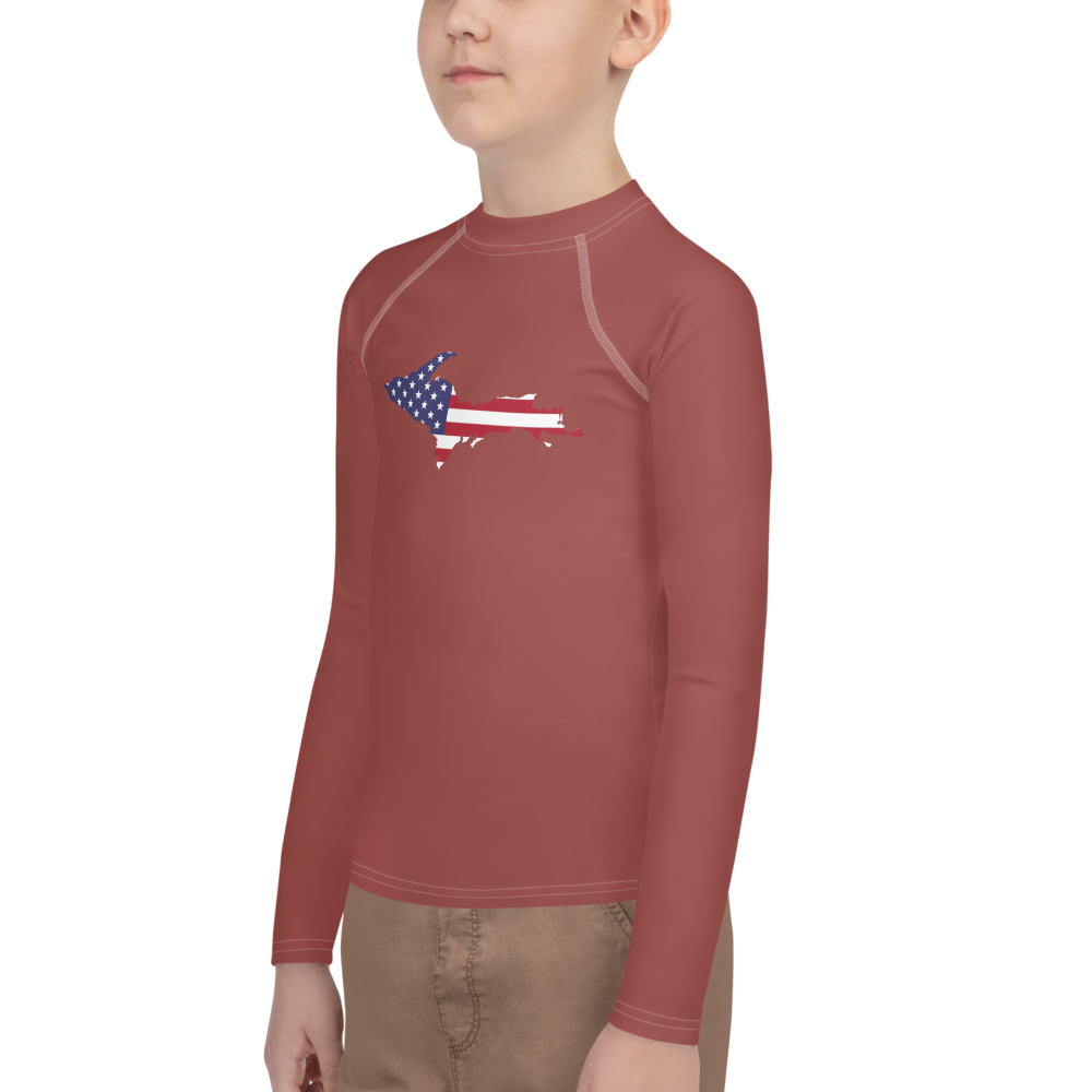 Michigan Upper Peninsula Rash Guard (w/ UP USA Flag) | Youth - Ore Dock Red