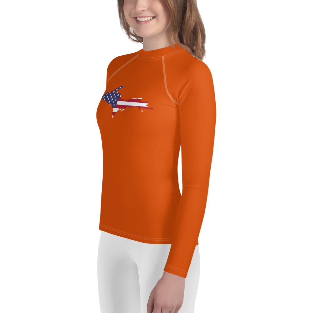 Michigan Upper Peninsula Rash Guard (w/ UP USA Flag) | Youth - Maple Leaf Orange