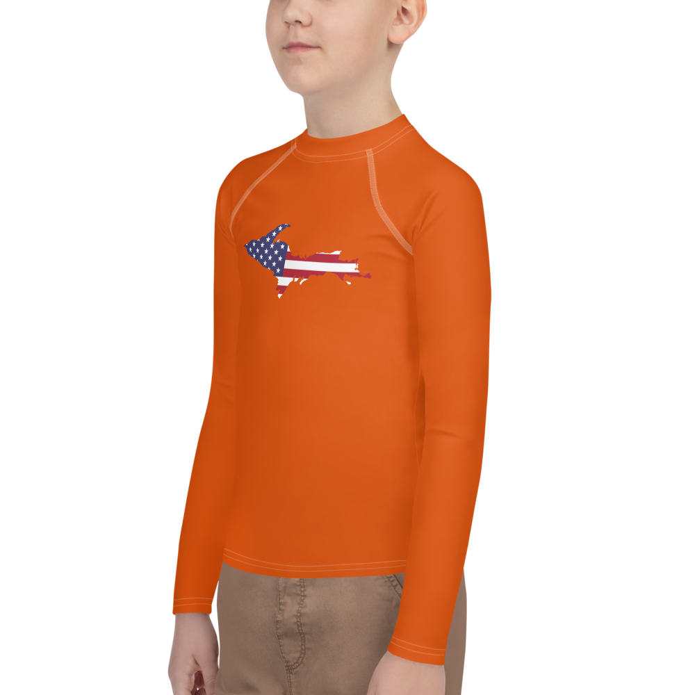 Michigan Upper Peninsula Rash Guard (w/ UP USA Flag) | Youth - Maple Leaf Orange