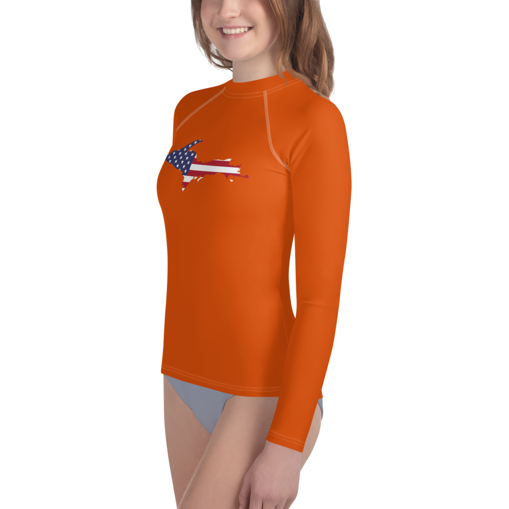 Michigan Upper Peninsula Rash Guard (w/ UP USA Flag) | Youth - Maple Leaf Orange