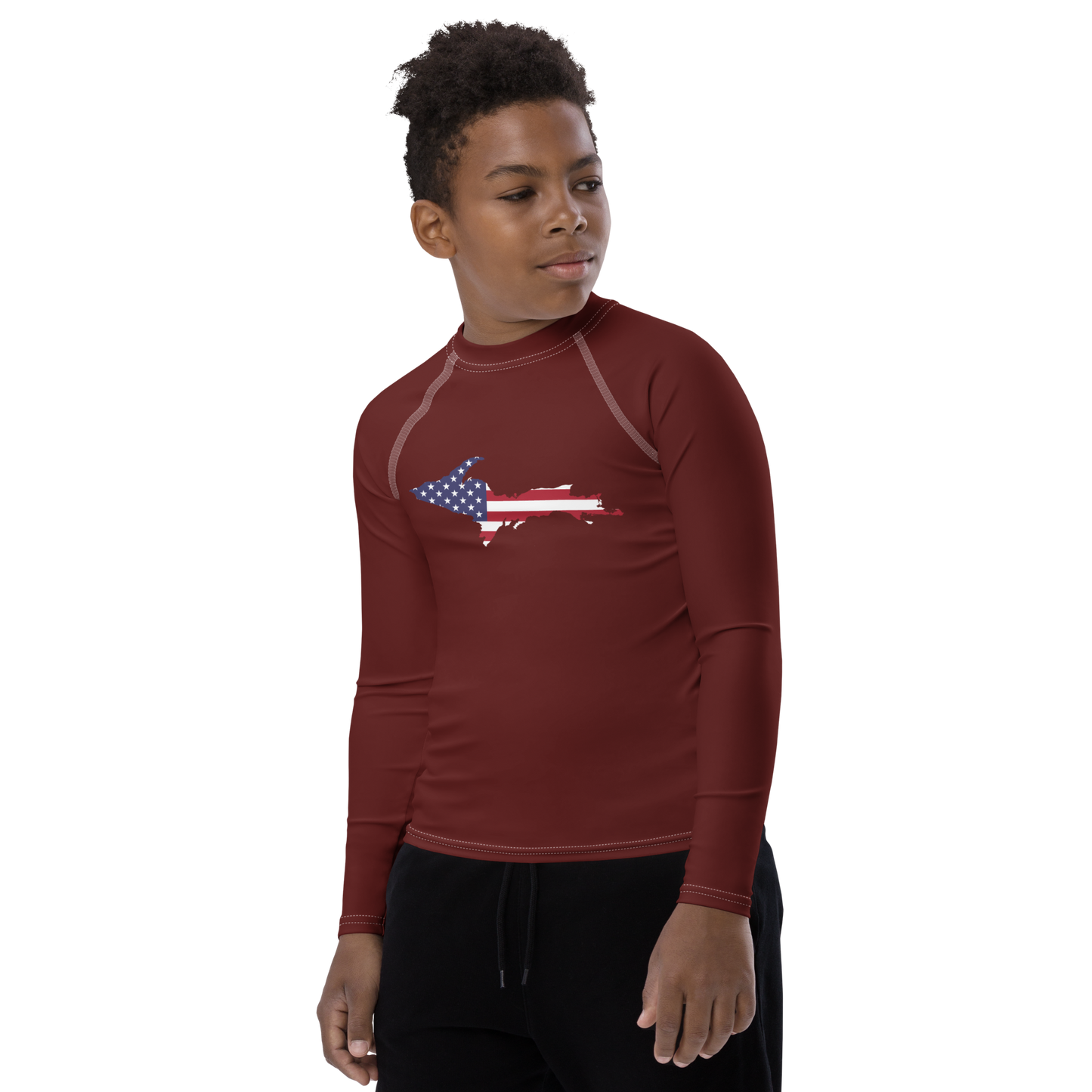 Michigan Upper Peninsula Rash Guard (w/ UP USA Flag) | Youth - Cherrywood Color