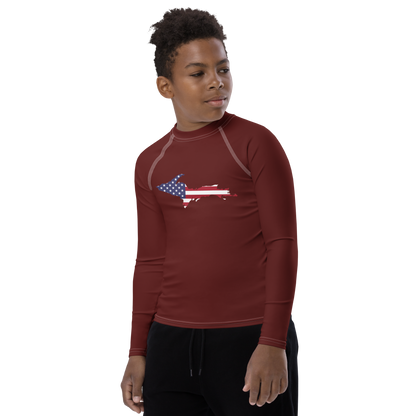 Michigan Upper Peninsula Rash Guard (w/ UP USA Flag) | Youth - Cherrywood Color