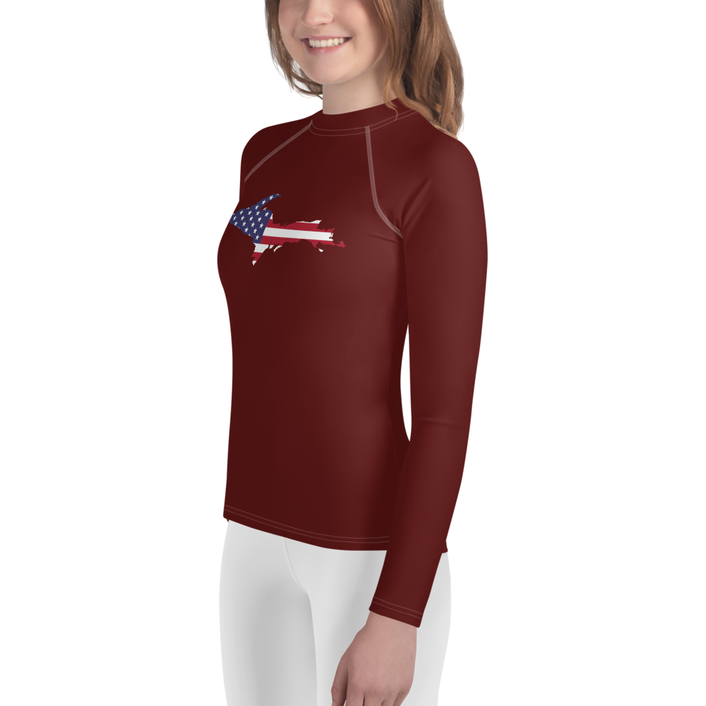 Michigan Upper Peninsula Rash Guard (w/ UP USA Flag) | Youth - Cherrywood Color