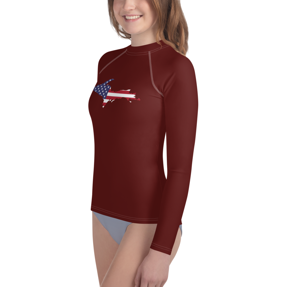 Michigan Upper Peninsula Rash Guard (w/ UP USA Flag) | Youth - Cherrywood Color