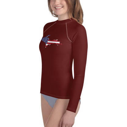 Michigan Upper Peninsula Rash Guard (w/ UP USA Flag) | Youth - Cherrywood Color