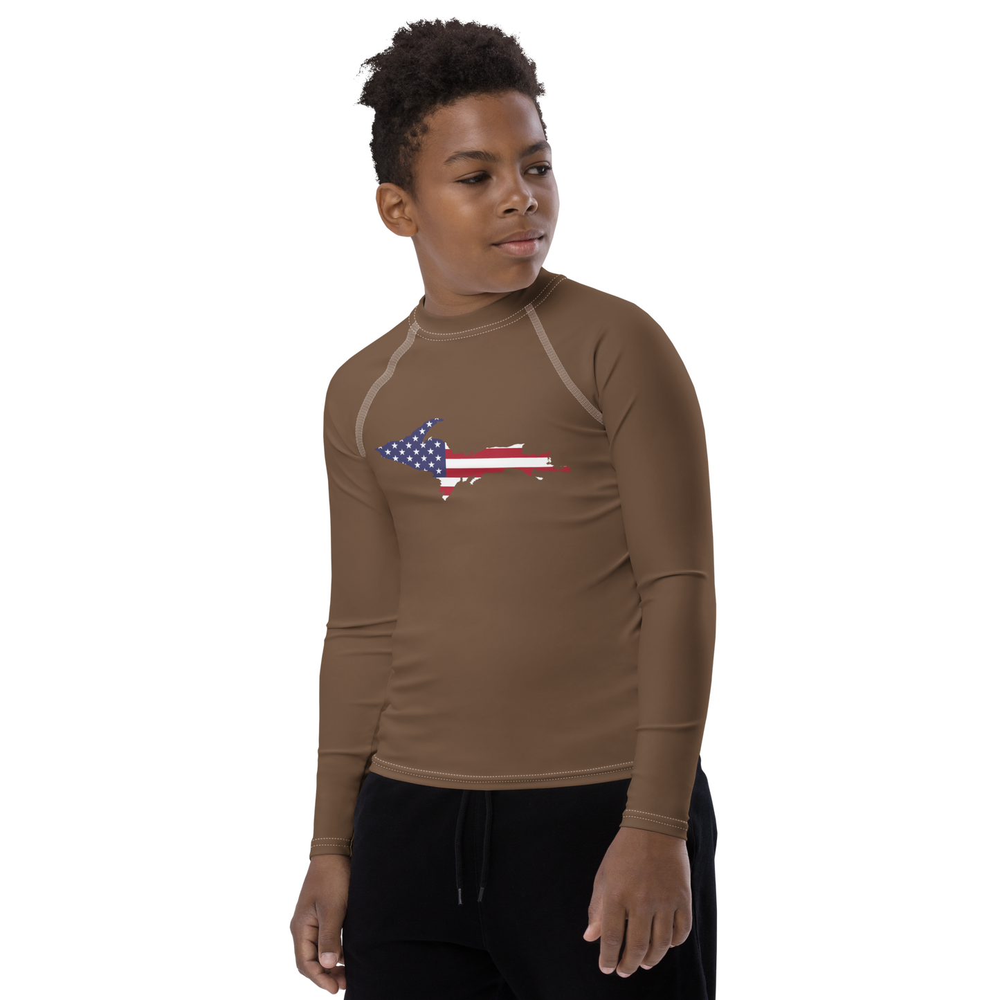 Michigan Upper Peninsula Rash Guard (w/ UP USA Flag) | Youth - Coffee Color