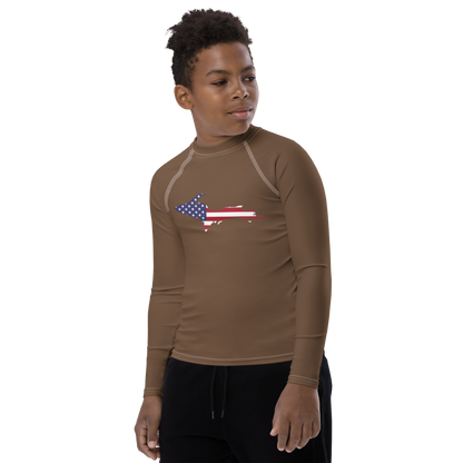 Michigan Upper Peninsula Rash Guard (w/ UP USA Flag) | Youth - Coffee Color