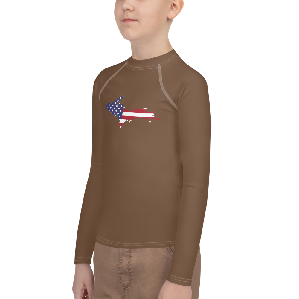 Michigan Upper Peninsula Rash Guard (w/ UP USA Flag) | Youth - Coffee Color