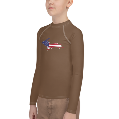 Michigan Upper Peninsula Rash Guard (w/ UP USA Flag) | Youth - Coffee Color