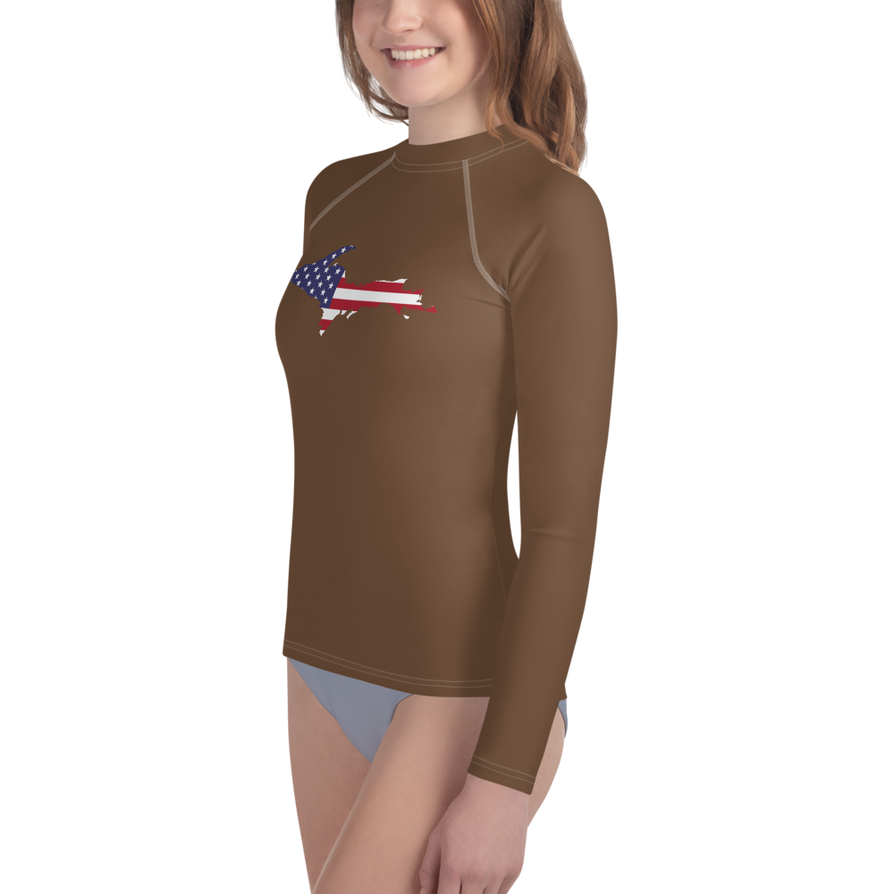 Michigan Upper Peninsula Rash Guard (w/ UP USA Flag) | Youth - Coffee Color