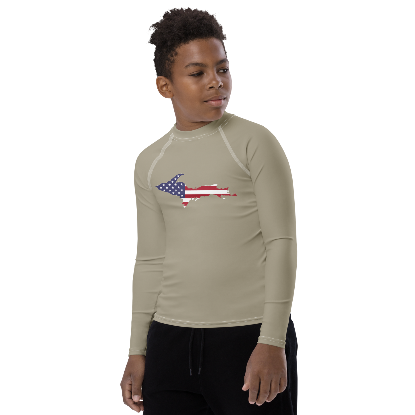 Michigan Upper Peninsula Rash Guard (w/ UP USA Flag) | Youth - Petoskey Stone Beige