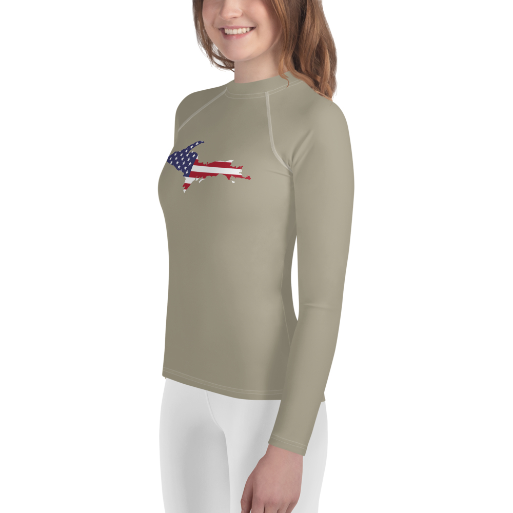 Michigan Upper Peninsula Rash Guard (w/ UP USA Flag) | Youth - Petoskey Stone Beige