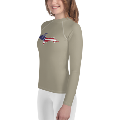 Michigan Upper Peninsula Rash Guard (w/ UP USA Flag) | Youth - Petoskey Stone Beige