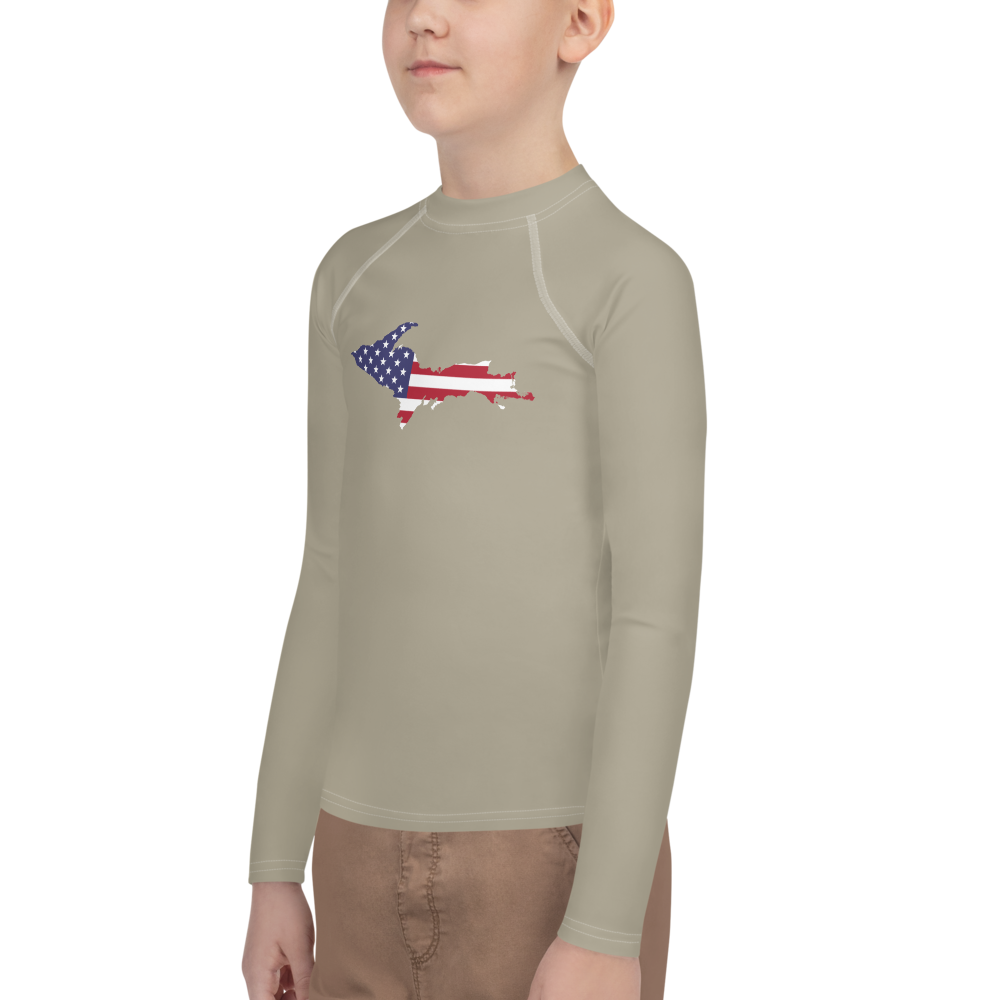 Michigan Upper Peninsula Rash Guard (w/ UP USA Flag) | Youth - Petoskey Stone Beige