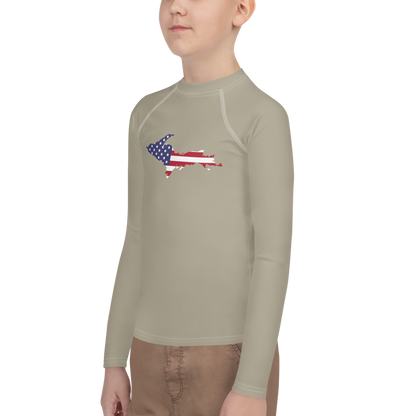 Michigan Upper Peninsula Rash Guard (w/ UP USA Flag) | Youth - Petoskey Stone Beige