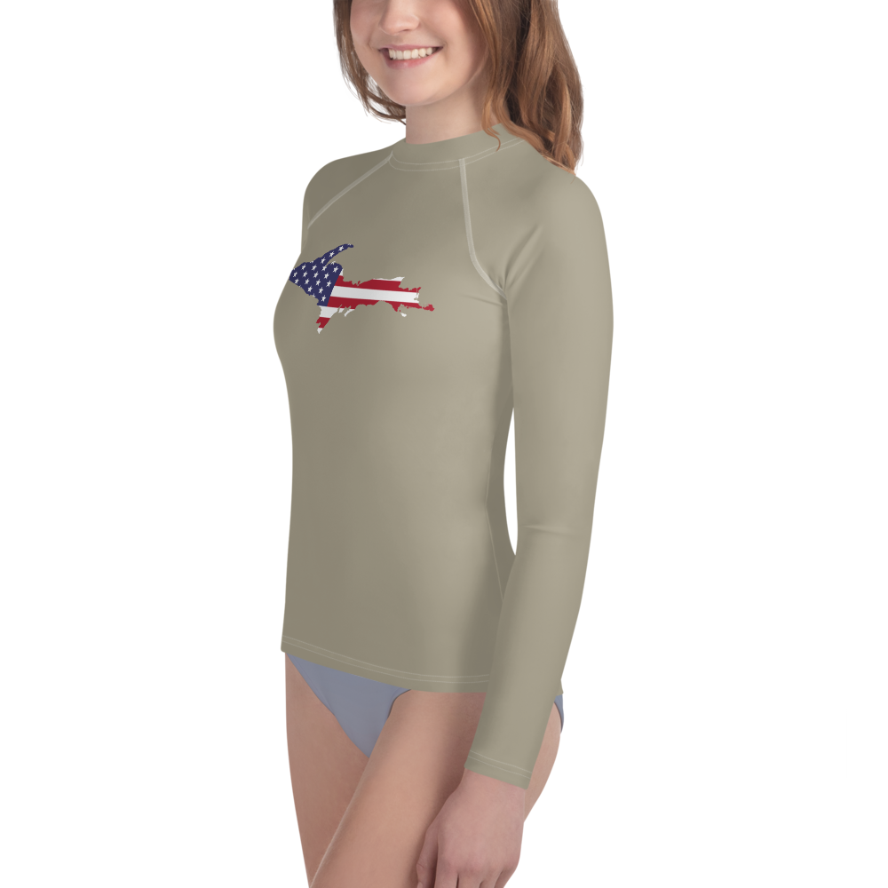 Michigan Upper Peninsula Rash Guard (w/ UP USA Flag) | Youth - Petoskey Stone Beige