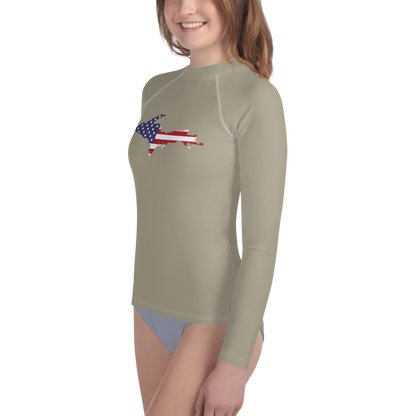 Michigan Upper Peninsula Rash Guard (w/ UP USA Flag) | Youth - Petoskey Stone Beige