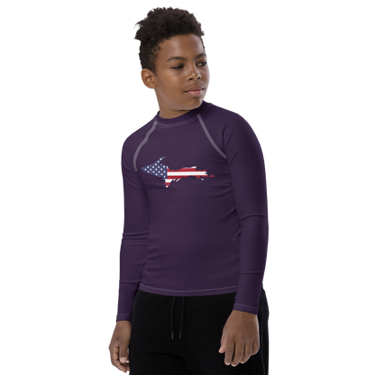 Michigan Upper Peninsula Rash Guard (w/ UP USA Flag) | Youth - Blackcurrant