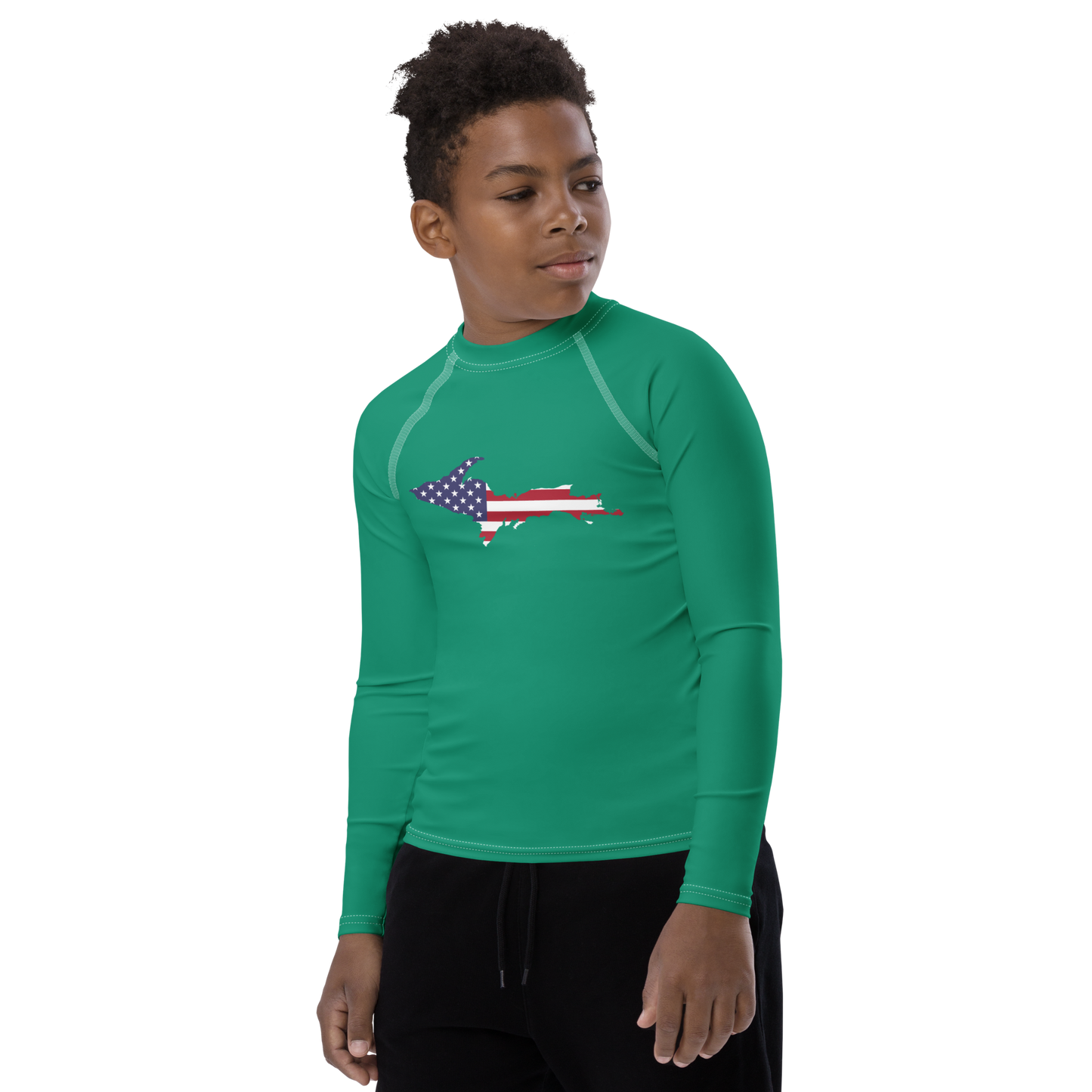 Michigan Upper Peninsula Rash Guard (w/ UP USA Flag) | Youth - Emerald Gren