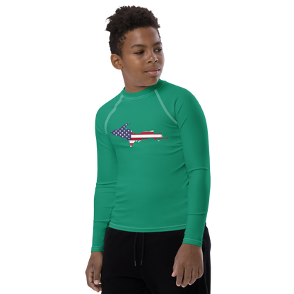 Michigan Upper Peninsula Rash Guard (w/ UP USA Flag) | Youth - Emerald Gren