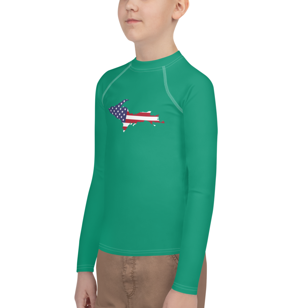 Michigan Upper Peninsula Rash Guard (w/ UP USA Flag) | Youth - Emerald Gren