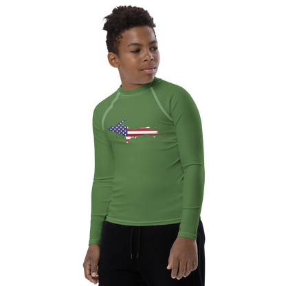 Michigan Upper Peninsula Rash Guard (w/ UP USA Flag) | Youth - Pine Green