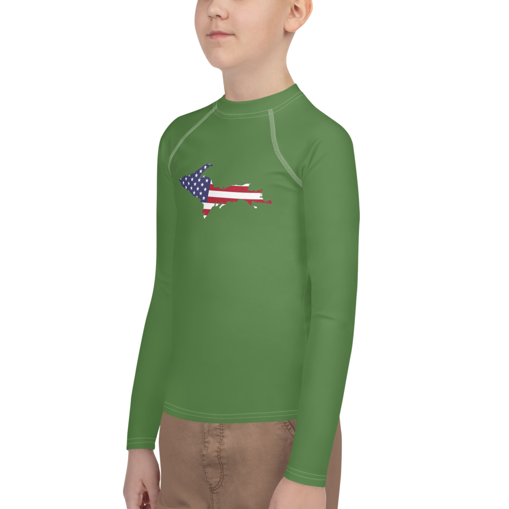 Michigan Upper Peninsula Rash Guard (w/ UP USA Flag) | Youth - Pine Green