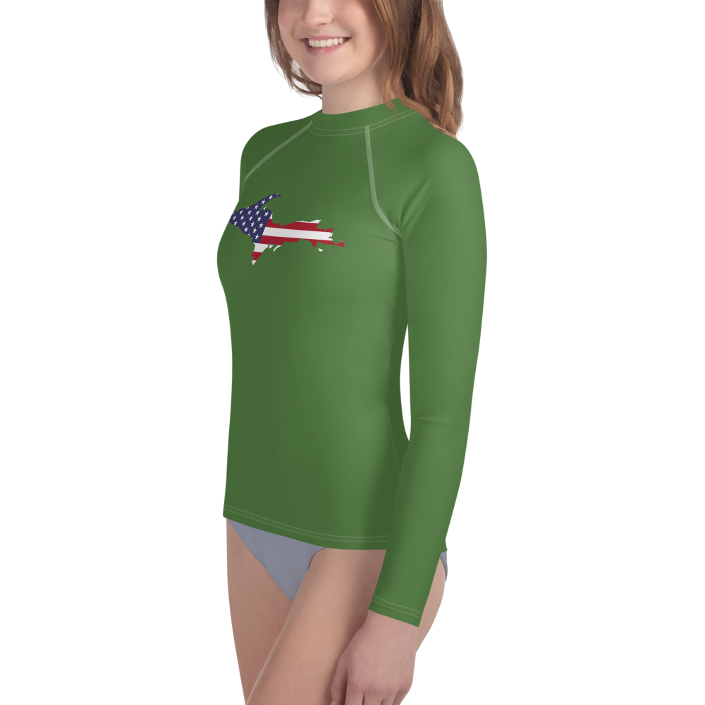 Michigan Upper Peninsula Rash Guard (w/ UP USA Flag) | Youth - Pine Green