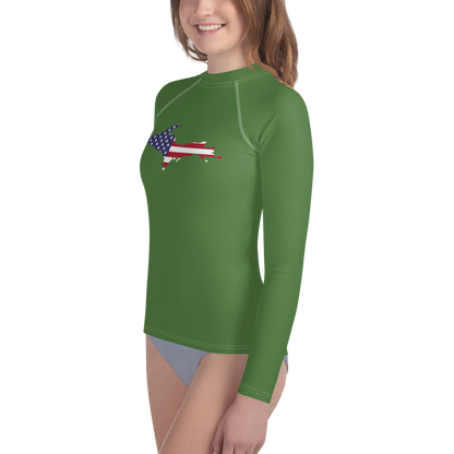 Michigan Upper Peninsula Rash Guard (w/ UP USA Flag) | Youth - Pine Green