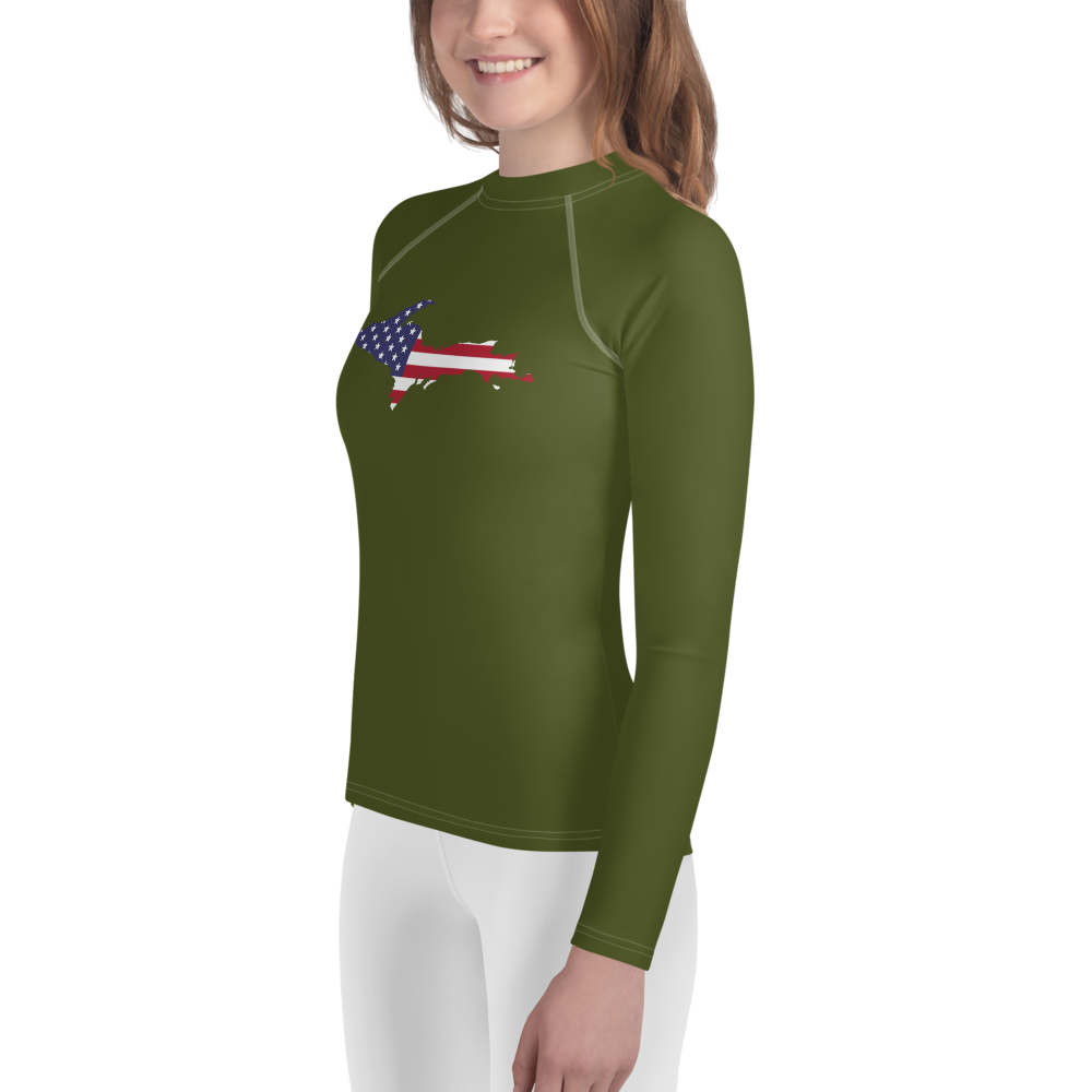 Michigan Upper Peninsula Rash Guard (w/ UP USA Flag) | Youth - Army Green