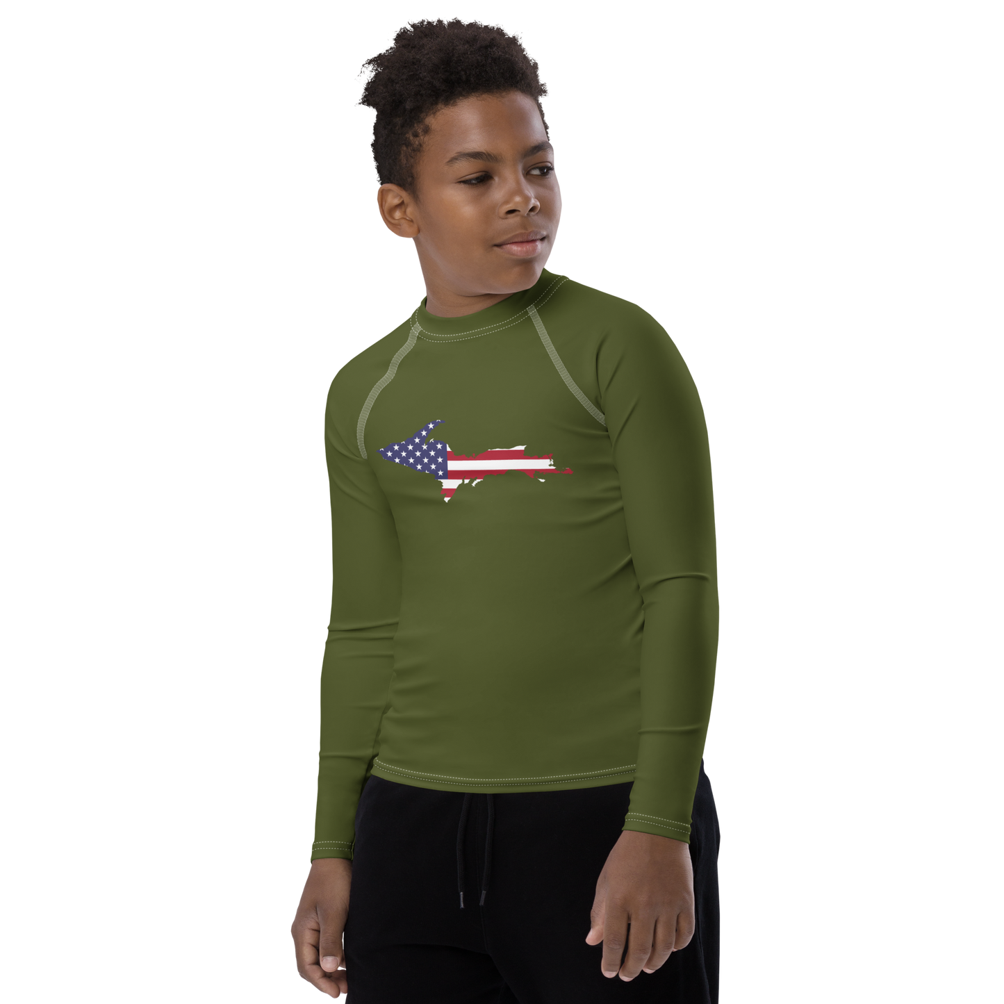 Michigan Upper Peninsula Rash Guard (w/ UP USA Flag) | Youth - Army Green